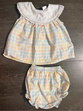 Stitchy Fish Pastel Gingham Baby Girl Diaper Cover Set with White Ruffle Collar